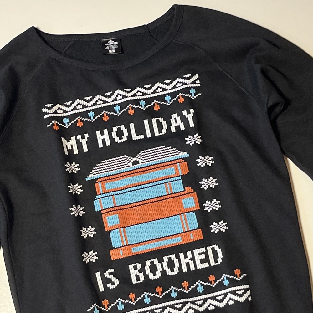 Headline My Holiday Is Booked Sweatshirt Sz S Book Lover Graphic Long Sleeve Top